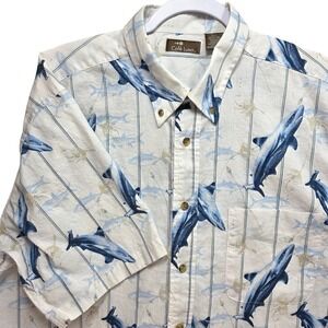 Cafe Luna Mens XL Shark Fish Print Button Down Shirt Blue White Cotton Nautical‎